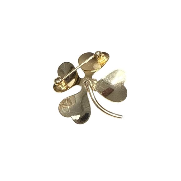 Vintage Gold Tone Clover Leaf Brooch with Turquoise Blue Cabochon Center - Picture 3 of 7